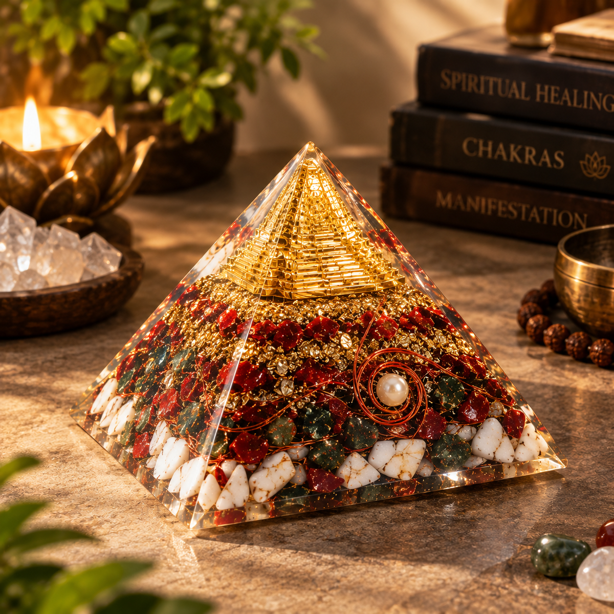 Sri Yantra Chakra Crystal Orgone Pyramid with Copper Quartz Radiation