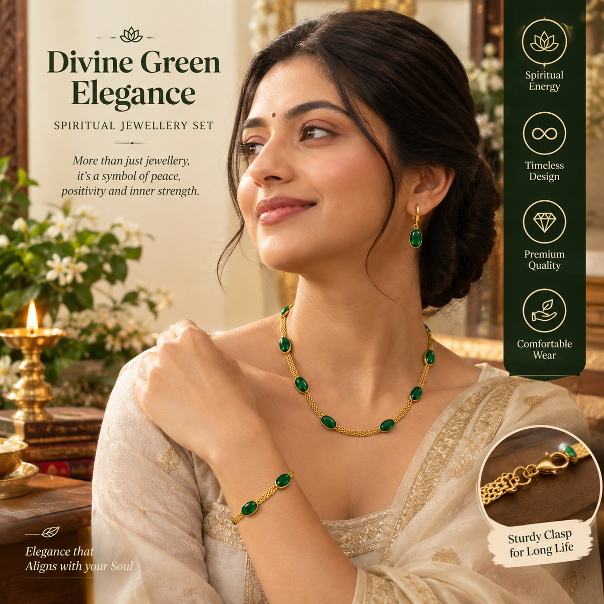 Gold Plated Necklace Earing Set for Women Stainless Steel Oval Green Crystal Pendant Necklace