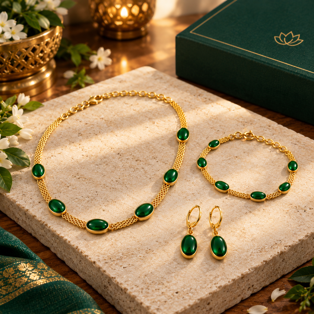 Gold Plated Necklace Earing Set for Women Stainless Steel Oval Green Crystal Pendant Necklace