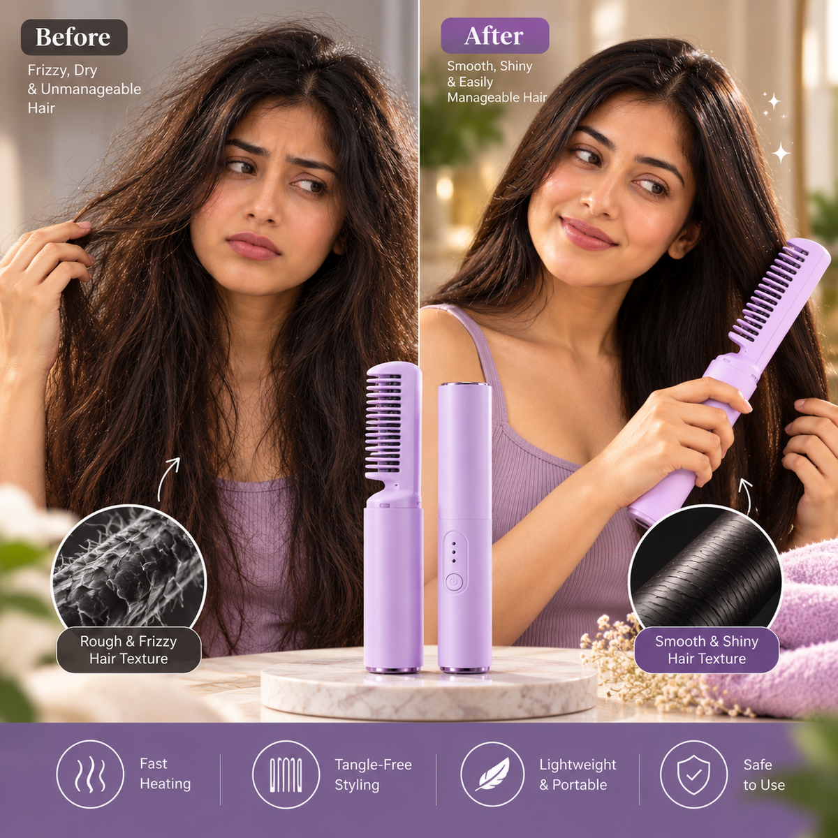 Cordless Mini Hair Straightener Comb – Rechargeable Travel Styler