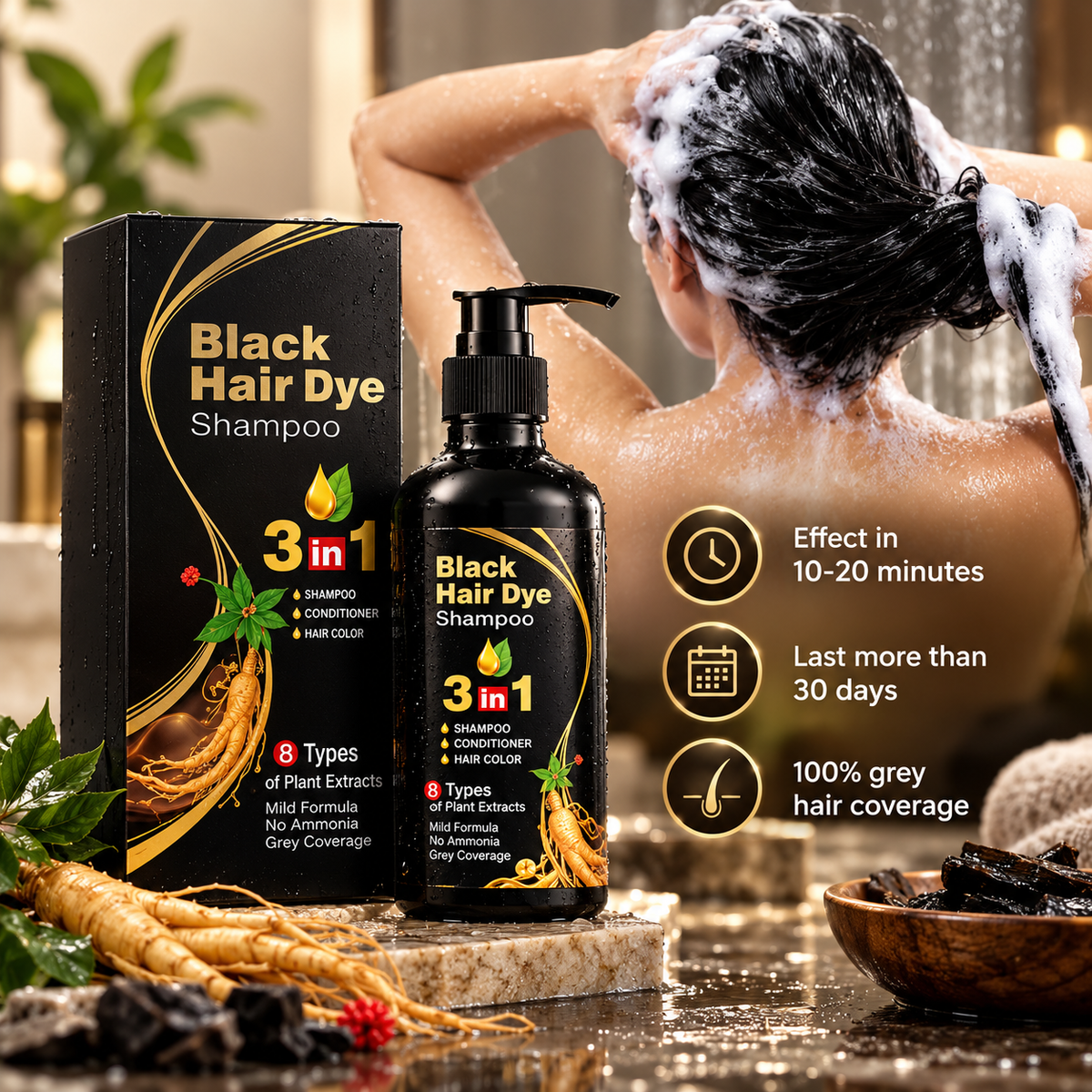 3-in-1 Instant Black Hair Dye Shampoo – Grey Coverage & Hair Care