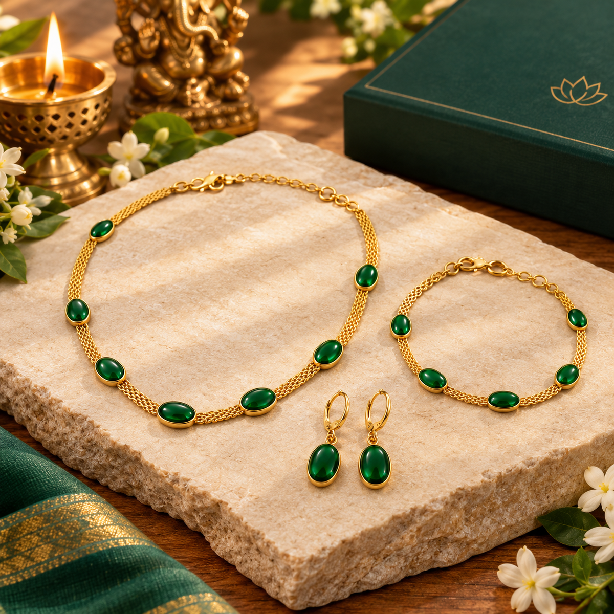 Gold Plated Necklace Earing Set for Women Stainless Steel Oval Green Crystal Pendant Necklace