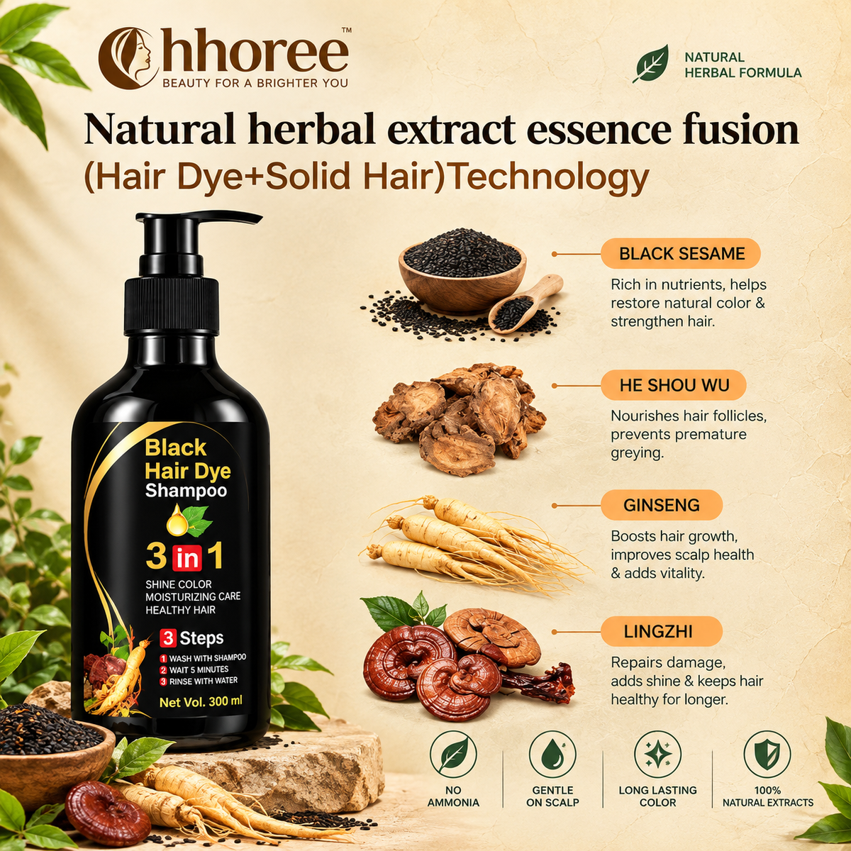 3-in-1 Instant Black Hair Dye Shampoo – Grey Coverage & Hair Care