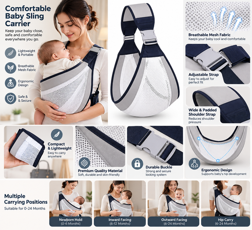 Baby Sling Carrier Adjustable Baby Holder Carrier Baby Half Wrapped Sling Hip Carrier Breathable Cotton Mesh Fabric for Newborn