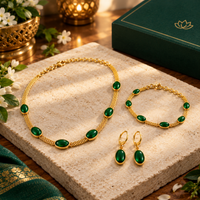 Gold Plated Necklace Earing Set for Women Stainless Steel Oval Green Crystal Pendant Necklace
