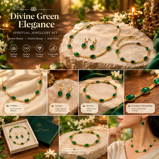 Gold Plated Necklace Earing Set for Women Stainless Steel Oval Green Crystal Pendant Necklace