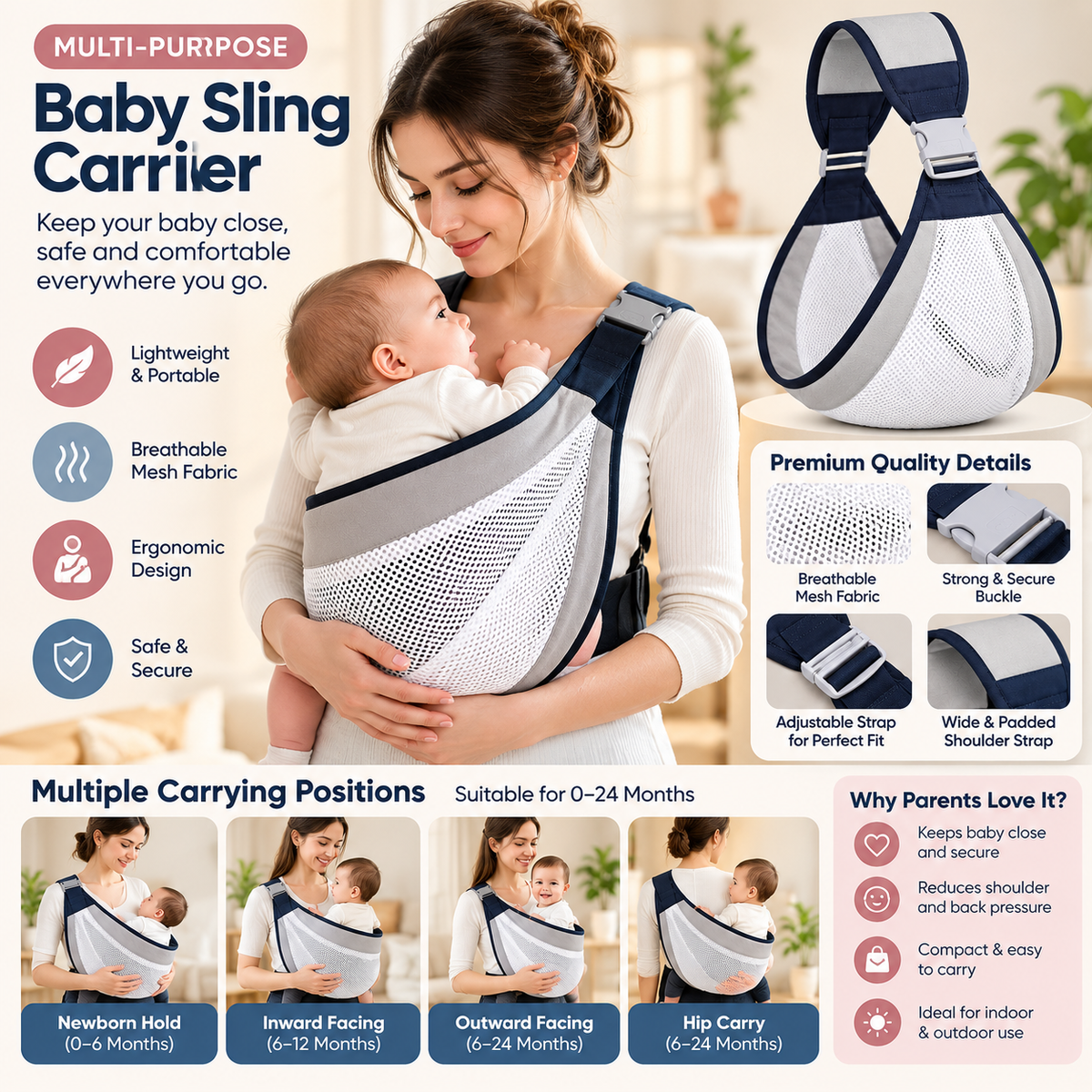 Baby Sling Carrier Adjustable Baby Holder Carrier Baby Half Wrapped Sling Hip Carrier Breathable Cotton Mesh Fabric for Newborn